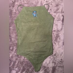 American Eagle Outfitters Olive Halter Bodysuit with Blue Bear Patch